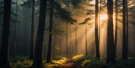 Wall Mural - Sun Shining Through Trees in Forest