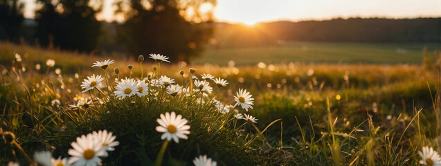 Wall Mural - Blooming White Daisies at Sunset