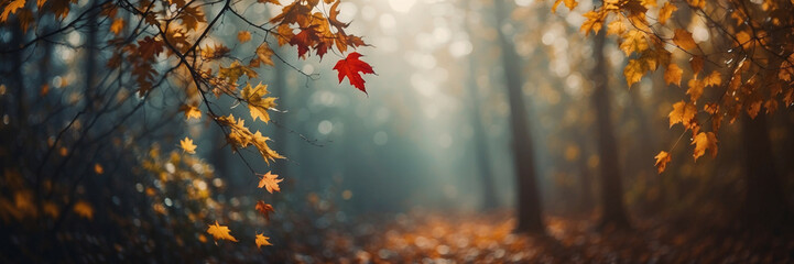 Wall Mural - Autumn Leaves in a Serene Forest During Golden Hour