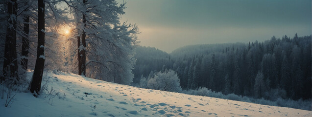 Canvas Print - Sun Shining Through Snow-Covered Trees