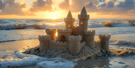 Wall Mural - A sand castle is built on the beach with the sun setting in the background