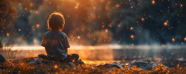 Wall Mural - A young boy sits on a rock by a lake, looking out at the water