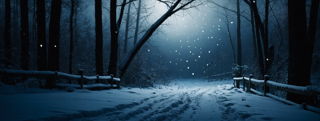 Wall Mural - Snowy Night in Dark Woods With Falling Snow