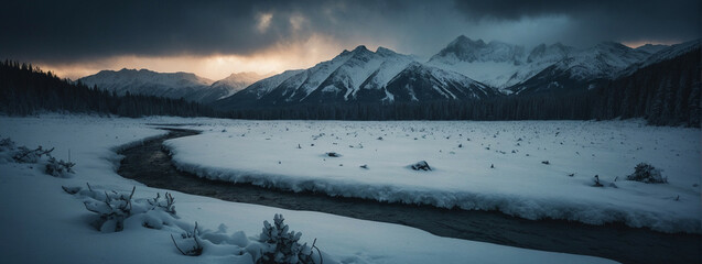 Canvas Print - Twilight Over a Snow-Covered Valley With a Meandering River in the Mountains