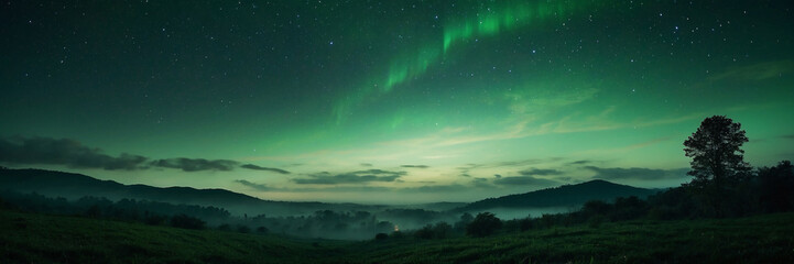 Canvas Print - green gradient mystical light sky with clouds and star