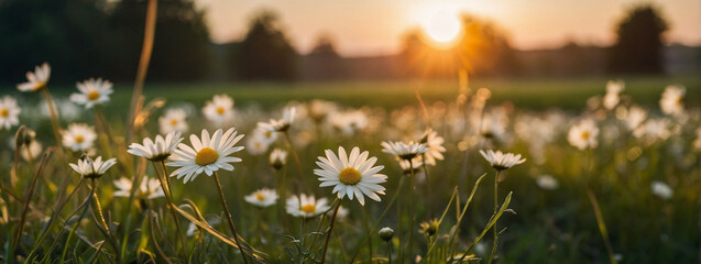 Wall Mural - Field of Daisies at Sunset