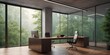 Modern office interior, beautiful forest view outside the office, environmentally friendly