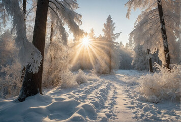 Wall Mural - Sun Shining Through Snowy Trees