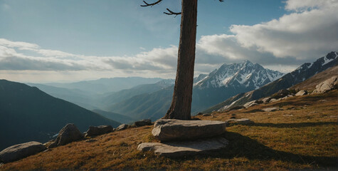 Wall Mural - Tree on Hill With Mountains in Background