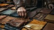 A tailor's hand running through luxurious leather materials in rich shades of chocolate brown, tan, and black, selecting the finest pieces for high-end, custom-made leather goods