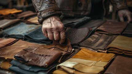 A tailor's hand running through luxurious leather materials in rich shades of chocolate brown, tan, and black, selecting the finest pieces for high-end, custom-made leather goods