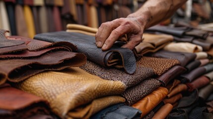 Wall Mural - A tailor's hand running through luxurious leather materials in rich shades of chocolate brown, tan, and black, selecting the finest pieces for high-end, custom-made leather goods