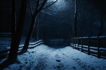 Canvas Print - Snowy Path in Woods at Night