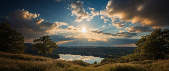 Wall Mural - Sun Shines Through Clouds Over Lake