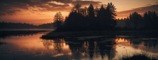 Wall Mural - Sun Setting Over Lake With Trees