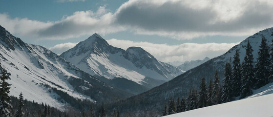 Wall Mural - Snow-Covered Mountain With Trees and Clouds