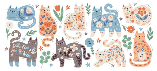 Naklejka na meble Collection of cute colorful cat with floral pattern design in Scandinavian style vector illustration