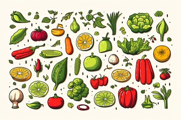 Fresh vegetables doodle line art icon set and Hand drawn healthy food clipart illustration on white background