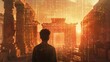 © Photo And Art Panda - A young man is seen from behind, with digital data and glowing lines in the background. He stands amidst ancient ruins under sunlight, creating an atmosphere of mystery and technology.