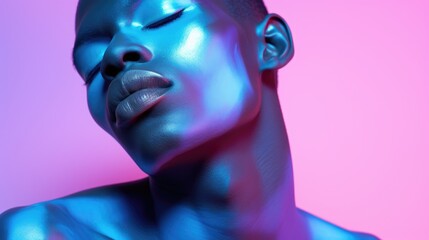 Wall Mural - Young handsome black model with a trendy neon make up and light