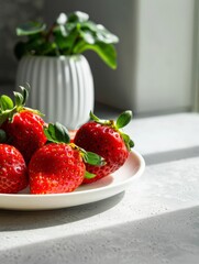 Fresh strawberries sit on a whit plate, on kitchen surface
