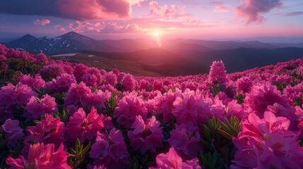 Poster - Flowers of the Magic Pink Rhododendron. Carpathian, Ukraine, summer.
