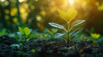 Poster - Plant growing in sunlight. Concept of environment and ecology. Sustainable development based on renewable resources.