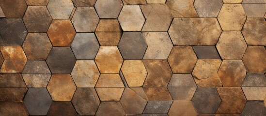 Poster - This close-up shot showcases a wall constructed using hexagonal tiles, creating a unique and visually appealing pattern. The tiles are made of durable materials like ceramic or cement, with a beige or
