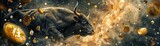 Fototapeta  - A cosmic scene featuring a bull surrounded by bitcoins and diamonds