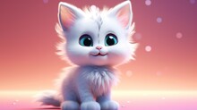 Cute White Kitten With Blue Eyes Sitting On Pink Background. 3d Rendering