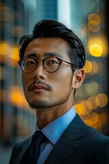 Wall Mural - Portrait of a pensive Asian man in glasses, selective focus