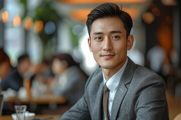 Wall Mural - Portrait of a young Asian man in a cafe, selective focus