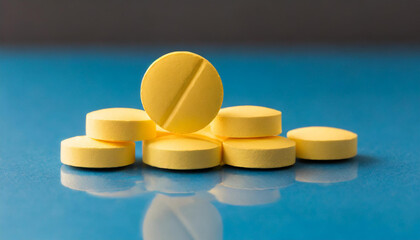 Yellow pills on blue table. Pharmaceutical vitamin or drug. Medical care and treatment.