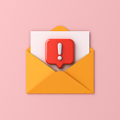 Poster - 3d warning e-mail sign icon concept exclamation mark pop-up on social media notification yellow envelope mail isolated on pink pastel color background 3D rendering