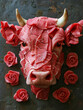 Głowa krowy zrobiona z surowego mięsa