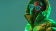 fashion girl with a green glowing neon puffer jacket and modern glasses on a clean background
