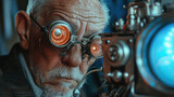 Fototapeta  - close-up, old gray-haired grandfather in glasses with glass, a mad scientist looking into the device