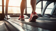Close-up of a foot in sneakers on a treadmill in the gym. Cardio Exercises, Athletic Sprinter, Runner, Fitness, Sports, Healthy Lifestyle concepts. A Horizontal Banner.