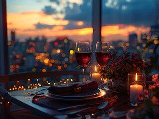 Wall Mural - A luxurious dinner table in a pleasant atmosphere. The beautiful scenery makes for a wonderful night. Images like this are often used to post on social media, write blogs or set as wallpaper.