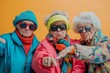 Funny grandmother portraits. 80s style outfit. Dab dance on colored backgrounds. Concept about seniority and old people