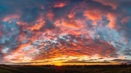 Wall Mural - Real amazing panoramic sunrise or sunset sky with gentle colorful clouds. Long panorama,