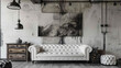 Rustic cabinet near white tufted sofa against concrete wall with art poster. Minimalist, loft, urban home interior design of modern living room.