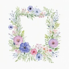 Floral Border with Pink Flowers and Leaves Illustration in watercolor on a white isolated background. Generative AI.