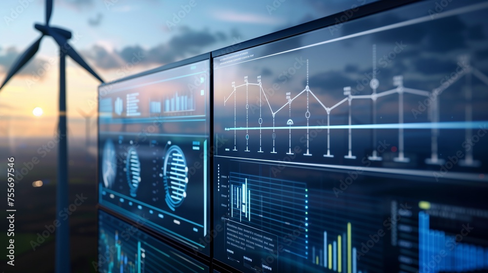 Modern wind turbine with a detailed energy data analytics dashboard in ...