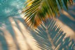 Top view of tropical leaf shadow on water surface. Shadow of palm leaves on white sand beach. Beautiful abstract background concept banner for summer vacation at the beach,goldern hours golden 
