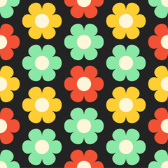 Wall Mural - Multicolored stylized flowers on black background. Vector seamless pattern. Best for textile, wallpapers, home decoration, wrapping paper, package and your design.