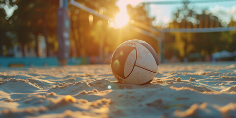 Poster - Vibrant Sunset Beach Volleyball Scene with Ball on Sand in front of Net