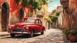 Roter alter Oldtimer in einer italienischen Straße, Kunst Design