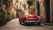 Roter alter Oldtimer in einer italienischen Straße, Kunst Design