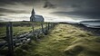 Icelandic style church sits in fenced field, in windswept landscape
